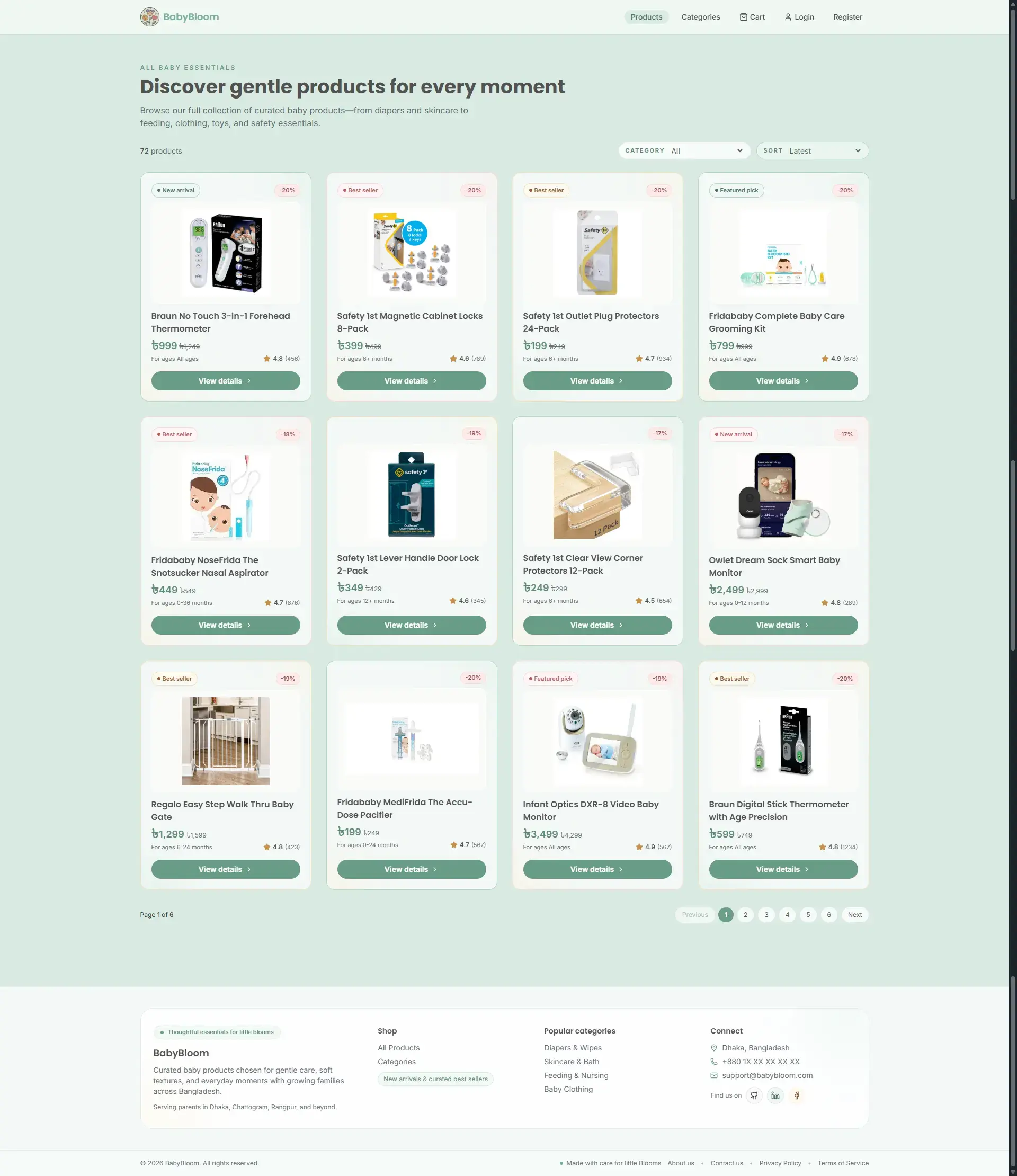 Shop page — product grid with age-group filters and category navigation
