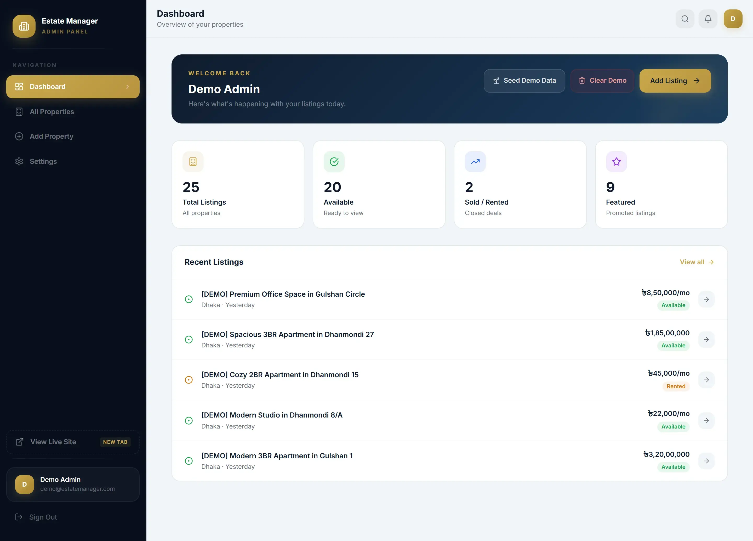 Admin dashboard — full property control with add, edit, and delete in real time