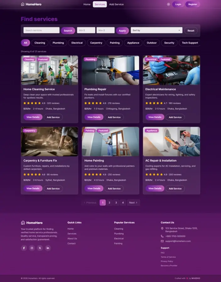 Search & filter — real-time results with category, location, and rating filters
