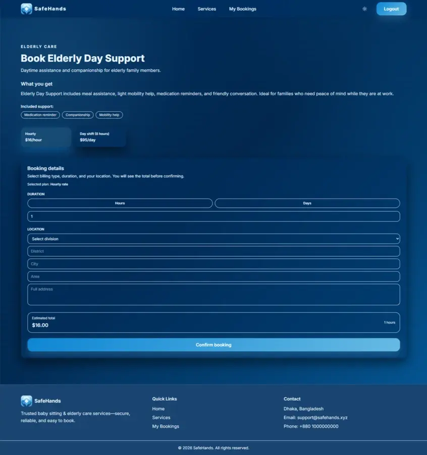 Booking flow — caregiver selection, availability check, and confirmation